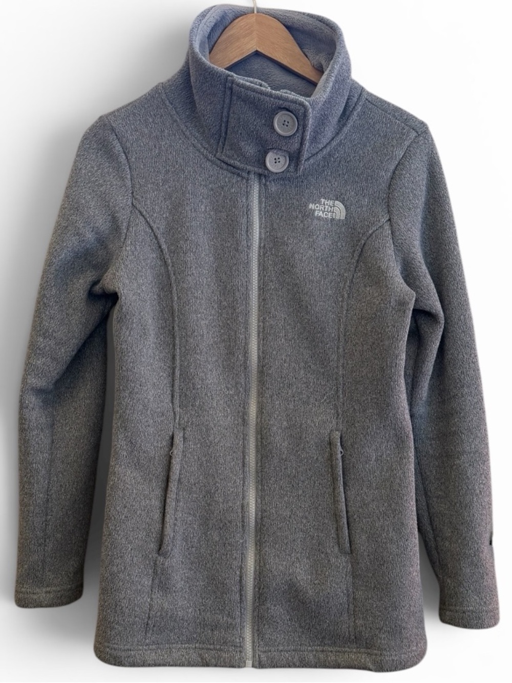 The North Face Heather Grey Fleece Zip-Up Coat Longer Length Size Small